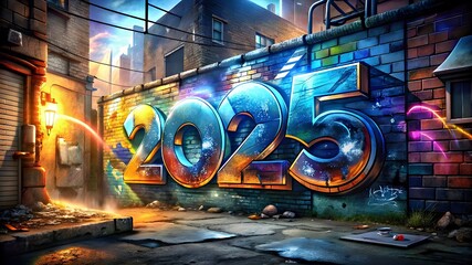 Naklejka premium 2025 Spray-painted bright graffiti on a city wall Street Urban wallpaper energy and vibrant spirit of urban life