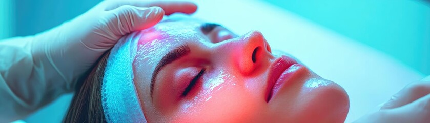 Fototapeta premium Relaxing facial treatment with soothing light, enhancing beauty and rejuvenating skin, promoting wellness and tranquility.