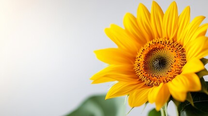 Fototapeta premium A close-up of a sunflower in bright sunlight, petals glowing against a stark white background, showcasing the intricate patterns of the center, Hyper-Realistic, Macro Photography.