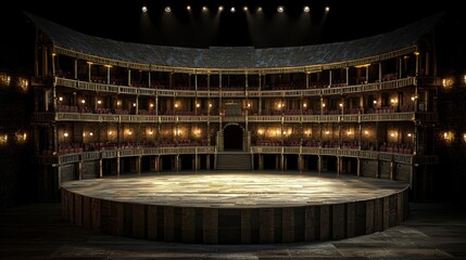 Obraz premium Historic Elegant Auditorium Stage with Theatrical Lighting and Ornate Balcony Seating