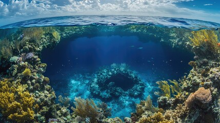 The Great Blue Hole coral formations teeming with fish, against the backdrop of deep blue water.