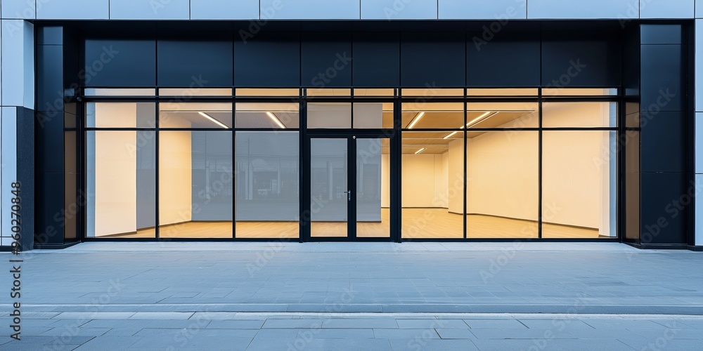Poster a large glass building with a large window. the window is open and the inside is empty