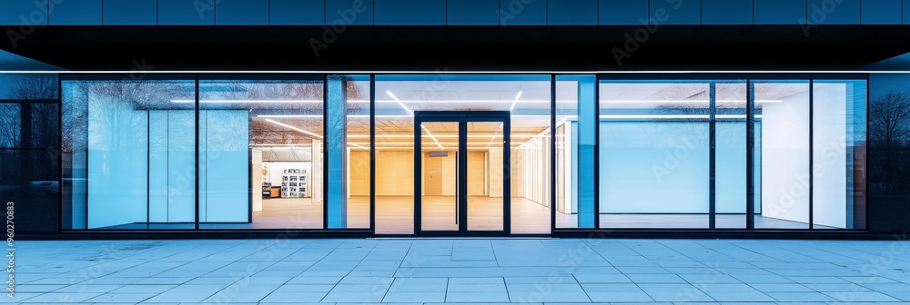 Poster a large glass door with a window in it. the door is open and the inside of the building is empty
