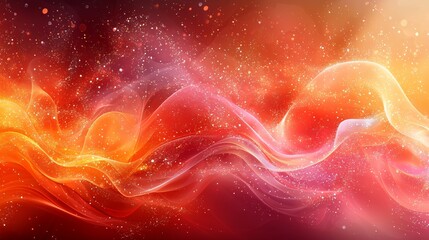 Vibrant abstract background with flowing waves of orange, red, and purple colors, illuminated by shimmering particles and soft light effects