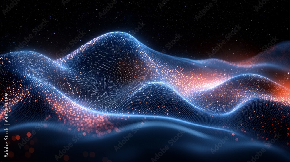 Poster abstract digital landscape with flowing waves and glowing particles illuminated from below in a dark
