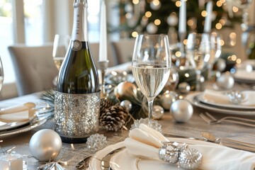 A sophisticated Christmas dinner table with champagne, silver decorations, and a festive atmosphere.