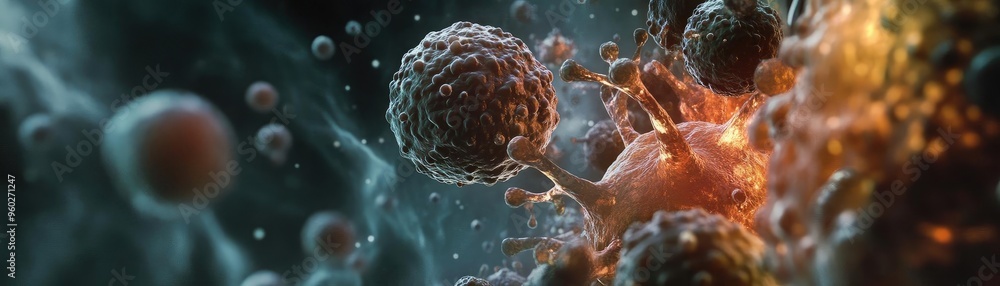 Poster a captivating abstract depiction of cells interacting in a dynamic environment, showcasing intricaci