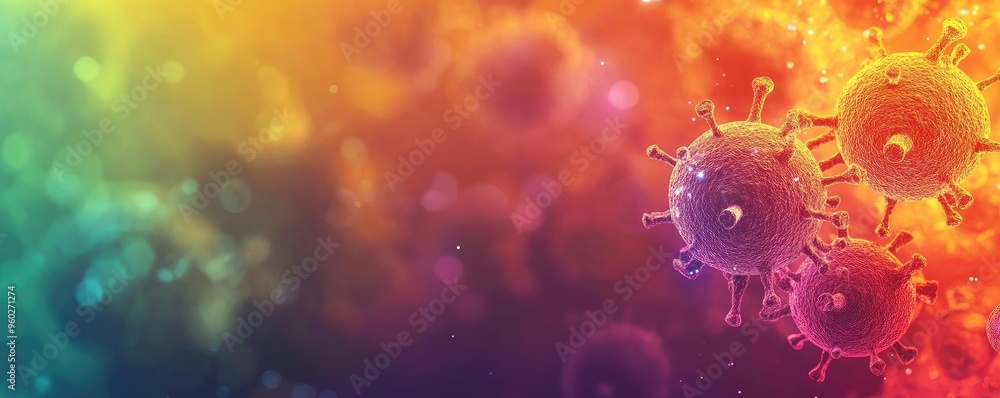 Poster vibrant depiction of virus particles in an abstract digital environment showcasing colorful microsco