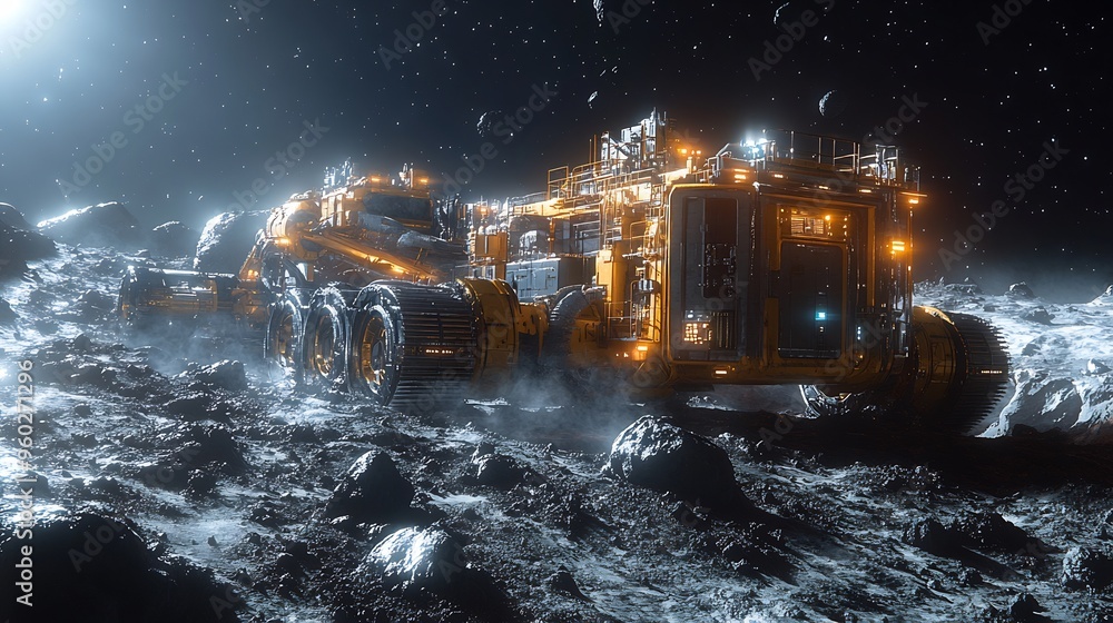 Canvas Prints futuristic space mining operation on an asteroid with advanced robotic extraction machinery