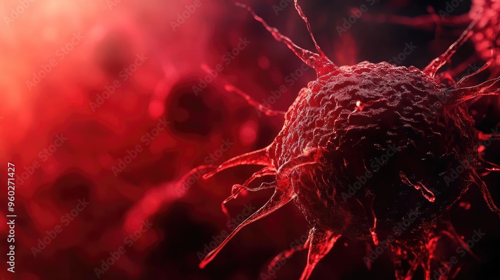 Poster an intricate close-up of a red virus cell, showcasing its detailed structure and vibrant coloration 