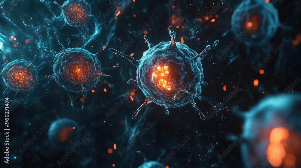 Poster a detailed close-up of vibrant cells showcasing intricate structures and glowing particles, represen