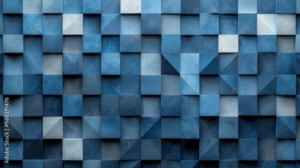 Poster textured blue wall featuring varying shades and geometric patterns created with cubic tiles in a con