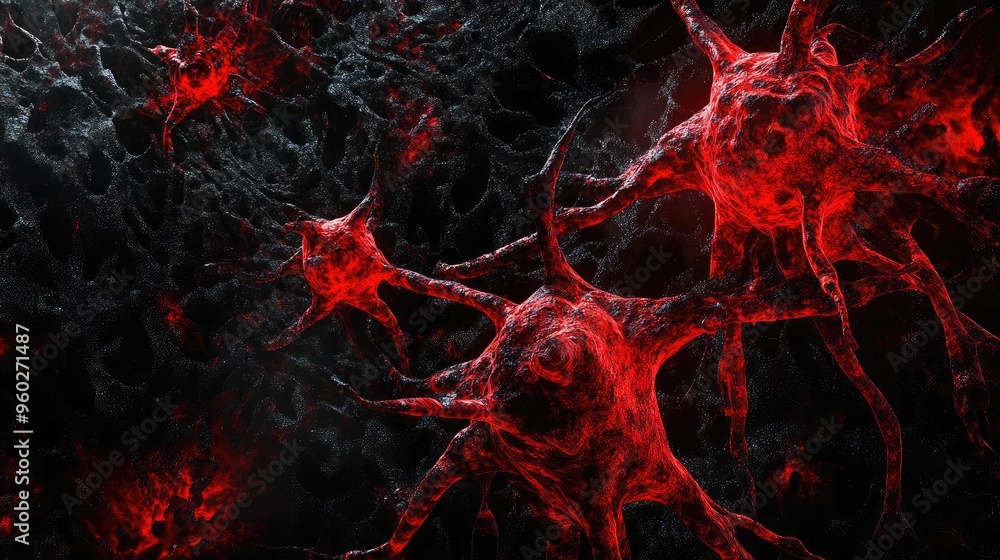 Poster abstract depiction of red cells in a dark background, showcasing a scientific and microscopic perspe