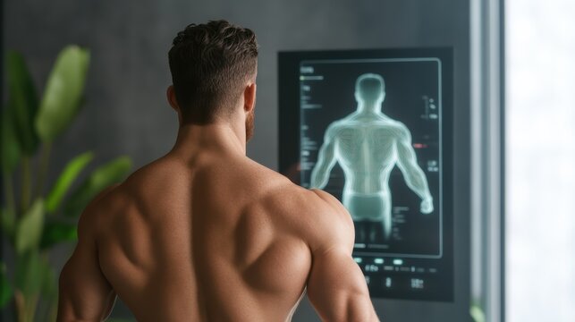 Digital fitness mirror, augmented reality workout routines, sleek holographic interface, modern home gym trend