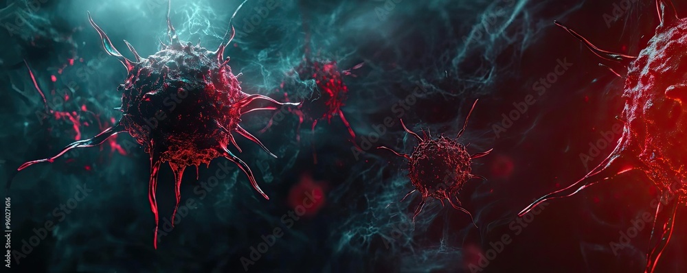 Poster vibrant microscopic view showcasing bacteria cells in a surreal environment of contrasting colors an