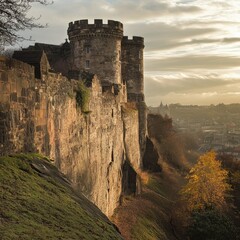 The historic Nottingham Castle standing tall on Castle Rock, overlooking the city with its ancient stone walls.