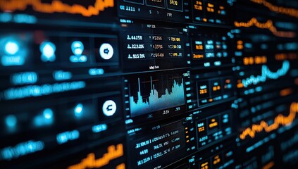 Obraz premium A blue graph of coins and cryptocurrency, set against an illuminated background with dark tones. 