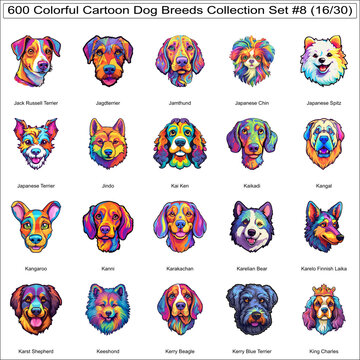 Colorful Dog Breeds Cartoon Characters Sticker Bundle Collection Set 8 of 600 Dog Faces Isolated Part 16