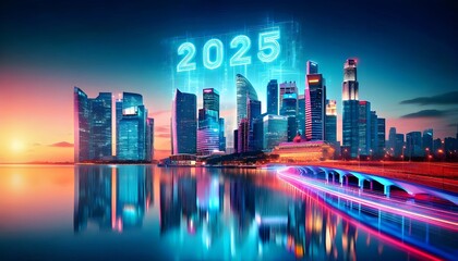 2025 written in the sky by drones futuristic city at night dazzling fireworks and reflections on skyscrapers 