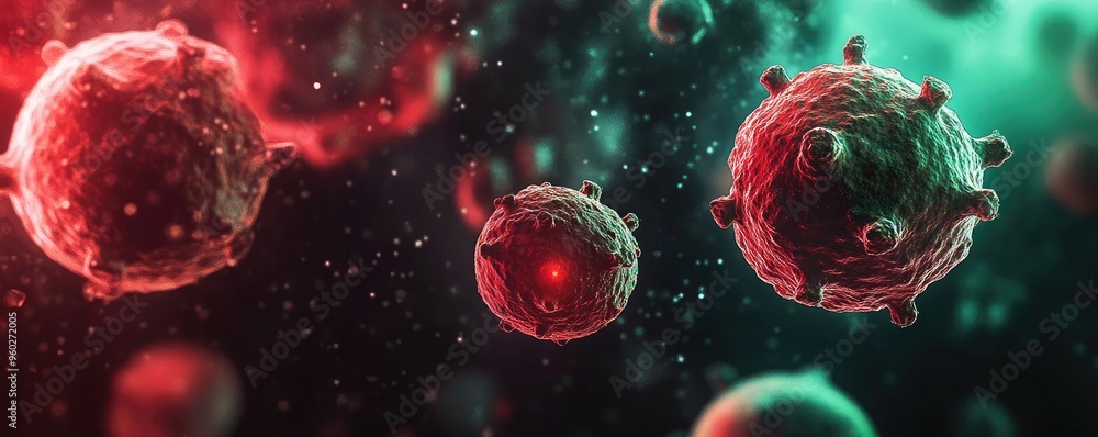 Poster abstract representation of cells in vibrant colors, illustrating biological processes and the micros