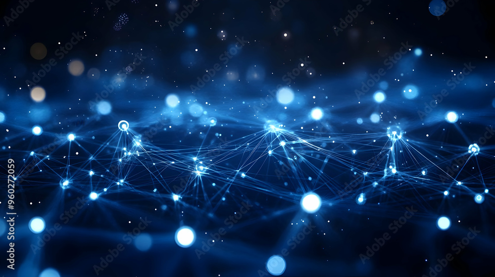 Poster abstract blue digital network with glowing nodes and connections.