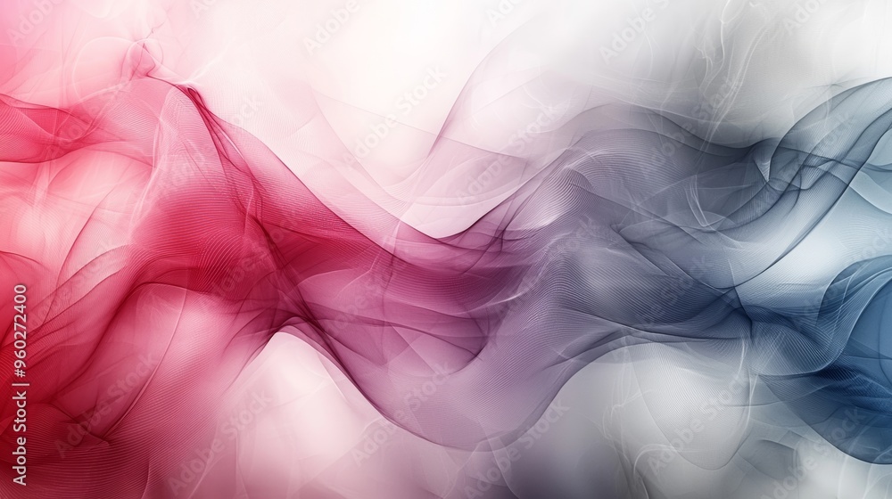Poster abstract swirling patterns of red, white, and blue smoke against a soft white background creating a 