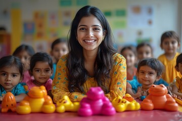 A day care environment shows Indian kids playing with toys and a woman facilitating their play fostering a supportive and interactive setting