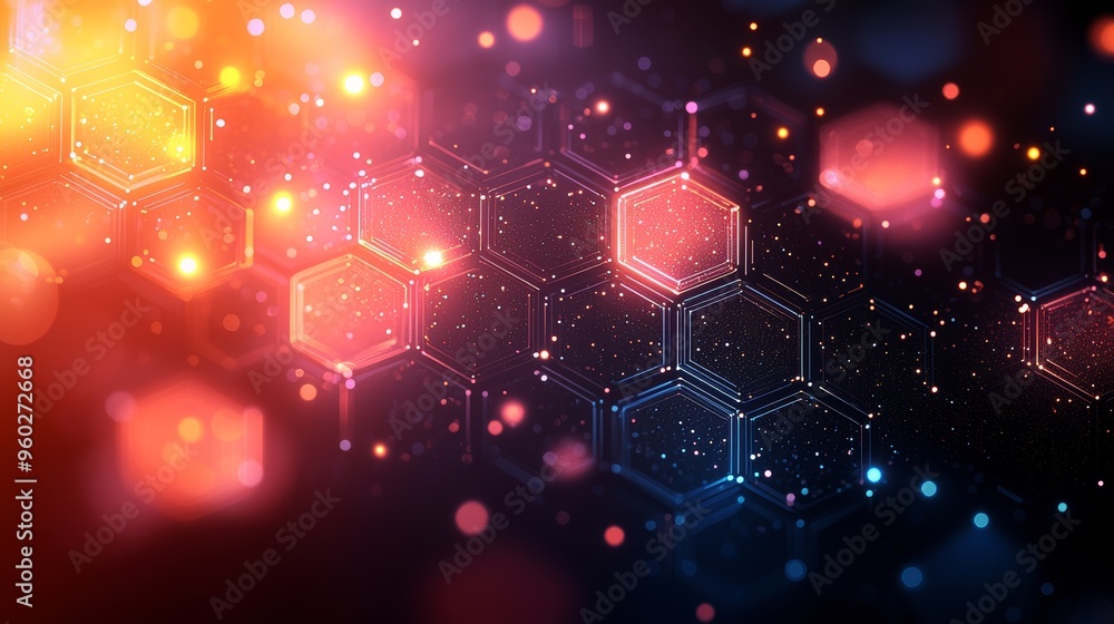 Poster a vibrant abstract background featuring hexagonal patterns and glowing lights in various colors agai