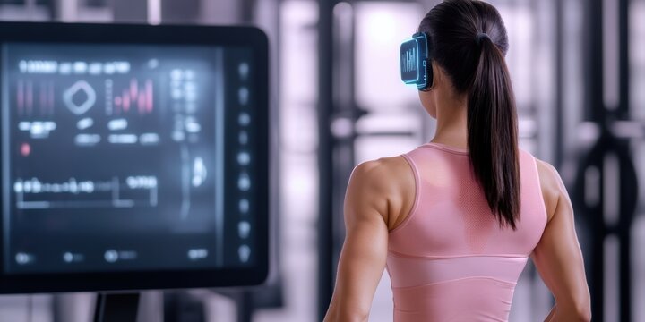 Smart gym equipment, augmented reality weight training, holographic feedback display, modern fitness trend
