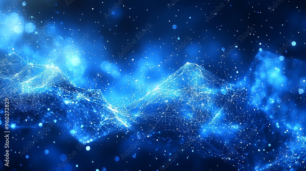 Poster abstract representation of a luminous blue digital landscape with sparkling particles and intricate 