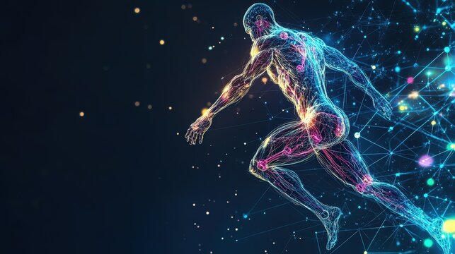 Sport training and fitness regime digital visualization with athlete figure on plain background