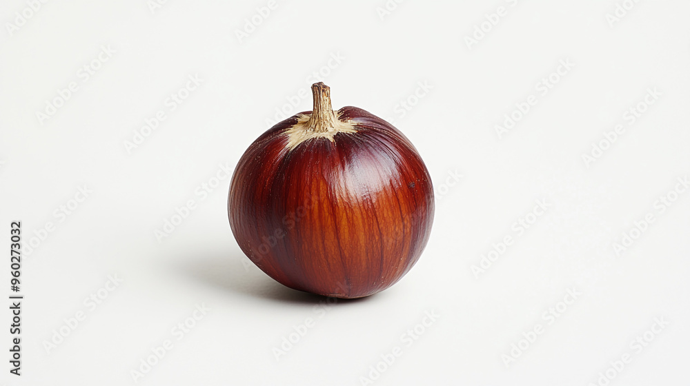 Poster a single shiny chestnut resting on a light background showcasing its glossy skin and natural shape