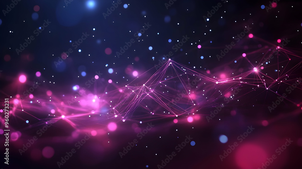 Poster abstract digital background with glowing lines and particles.