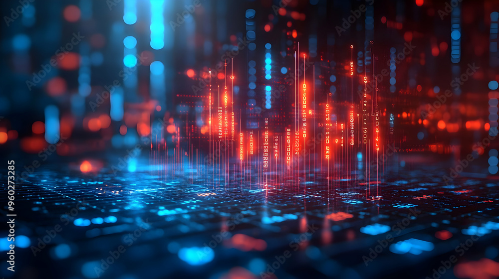 Poster abstract digital landscape with blue and red data visualizations.