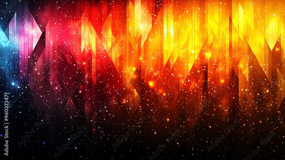 Poster vibrant abstract digital artwork featuring colorful geometric shapes and cosmic patterns in a mesmer