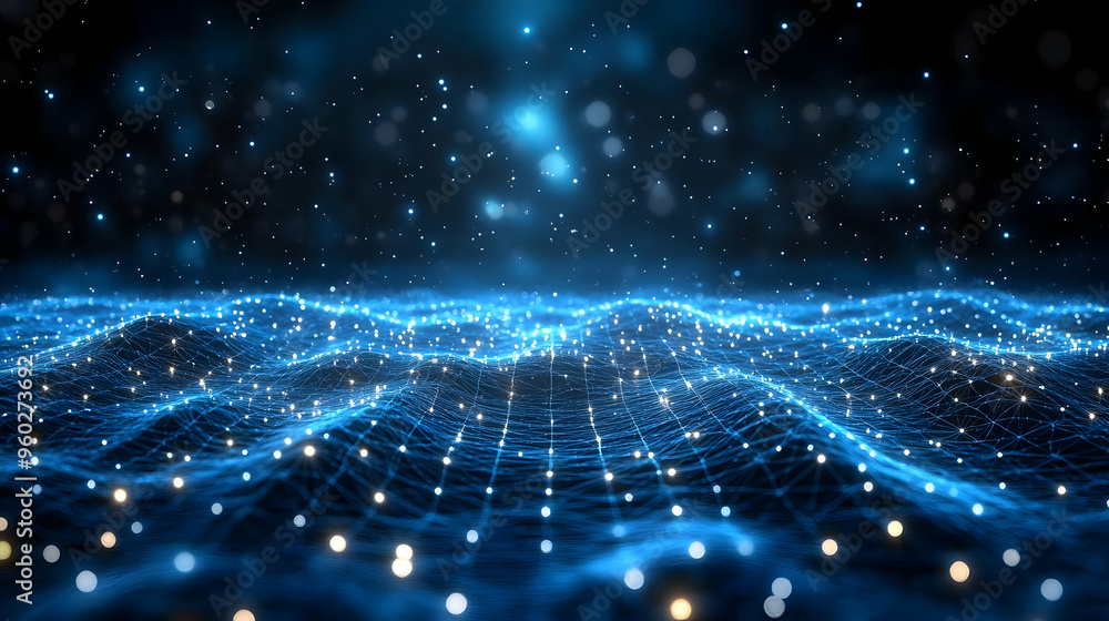 Poster abstract digital landscape with glowing blue waves and particles.