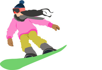 冬の雪山でスノボーする女性のイラスト