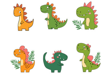 set of cute dinosaurs dragon illustration baby dino tyrannosaurus nature comic character
