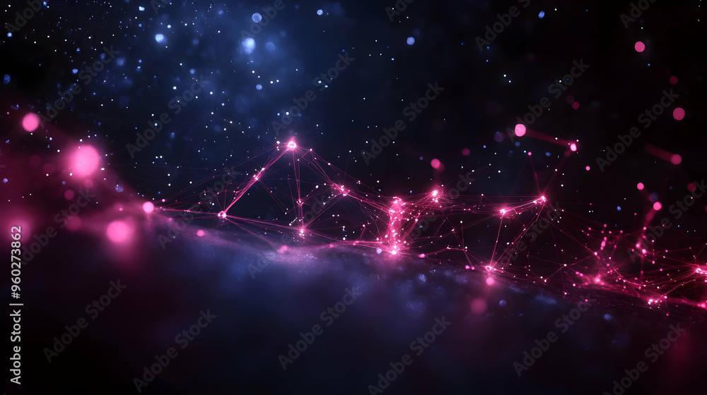 Poster abstract digital landscape with glowing connections and particles.