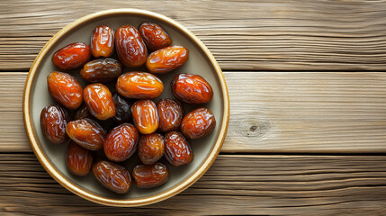 Obraz premium Dates in plate with copy space on wooden surface, top view 3D illustration.