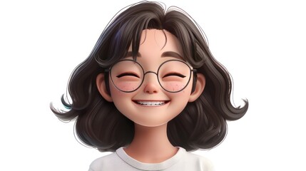 Fototapeta premium A smiling cartoon girl with brown hair wearing round glasses.