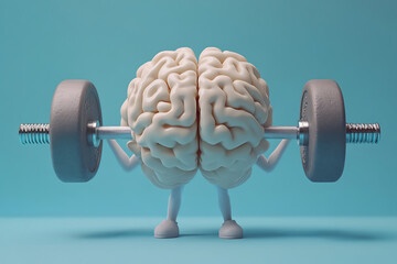 Brain performs weight lifting. Mental health care concept.
