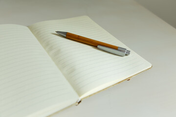 High angle selective focus view of wooden and metal pen on open blank notebook set on pale wooden...