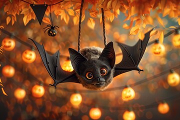 Adorable cartoon bat hanging upside down