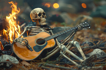 Cheerful skeleton playing a guitar next to a bonfire in a Halloween campsite