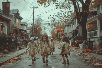 Fototapeta premium Playful zombie kids trick-or-treating in a neighborhood with Halloween decorations