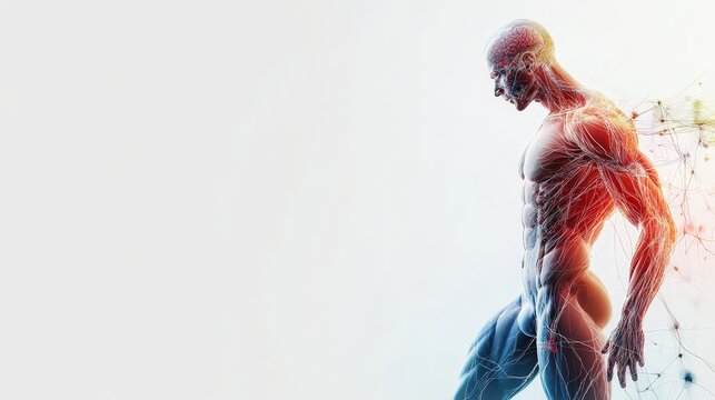 Sport science and fitness program digital representation with athlete figure on plain background