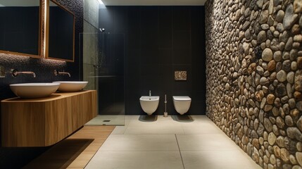 Modern Bathroom Interior Design with Stone Wall and Wooden Vanity