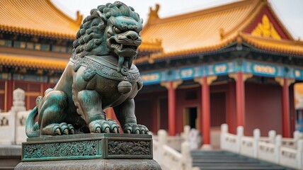 A striking bronze lion statue stands guard at the entrance, symbolizing protection and power in traditional Chinese culture.