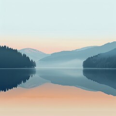 Fototapeta premium A minimalist illustration of a serene lake shrouded in rolling mist. 